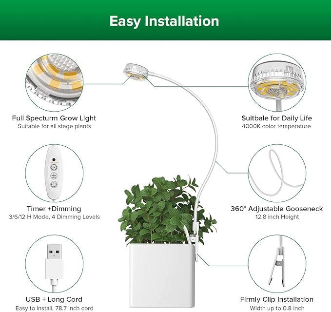 SANSI Grow Lights for Indoor Plants LED Pot Clip Plant Light for Growing 4000K Full Spectrum Plant Growing Lamp with 4-Level Dimmable Auto On Off Timing 3 6 12 Hrs for Small Plants White 5V