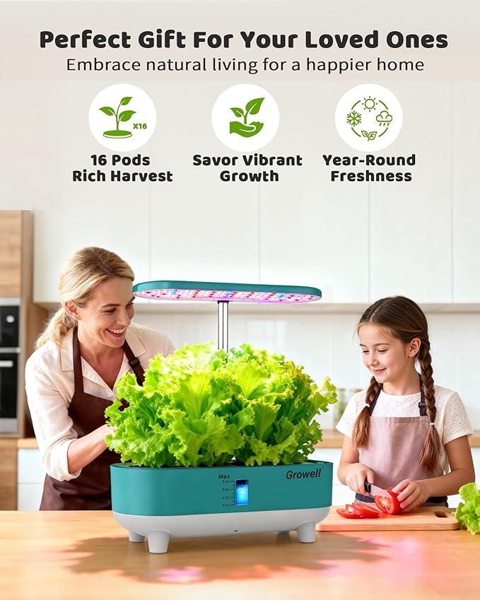 Hydroponics Growing System Kit 16 Pods Vertical 8L Indoor Gardening System for Herb Vegetable Fruit with LED Grow Light Smart Water Circulation 3 Light Modes &amp 2 Timer Green