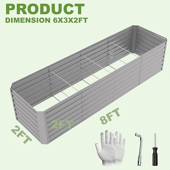 8X2X2ft Galvanized Raised Garden Bed for GardeningMetal Planter Boxes Outdoor Patio Kit Planting Bed for Vegetables Flowers HerbSilver