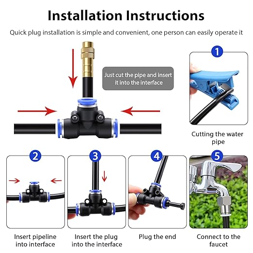 50FT 5/16 inch 360° Adjustable Drip Irrigation Kits Automatic Garden Watering Misting Atomizing System with 16pcs Bendable Nozzles for Yard Lawn Plant Greenhouse Garden(5/16 inch Hose)
