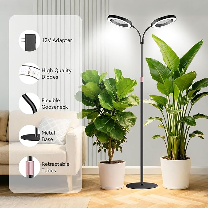 Dual-Head Grow Lights for Indoor Plants Full Spectrum Plant Lights with 23.5-67 Adjustable Height Stand 3 Growing Modes with Timer 3/9/12H Dimmable Halo Grow Lights for Large Tall Plants