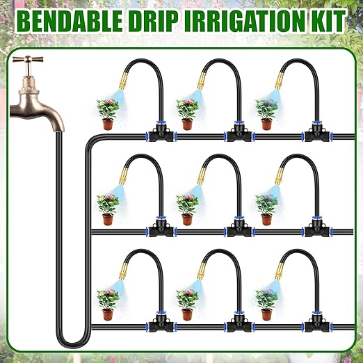 49 ft Drip Irrigation Kit 5/16 Tube Automatic Watering System with 16pcs 360° Adjustable Brass Nozzles Water Saving DIY for Garden Lawn Yard Greenhouse Plants