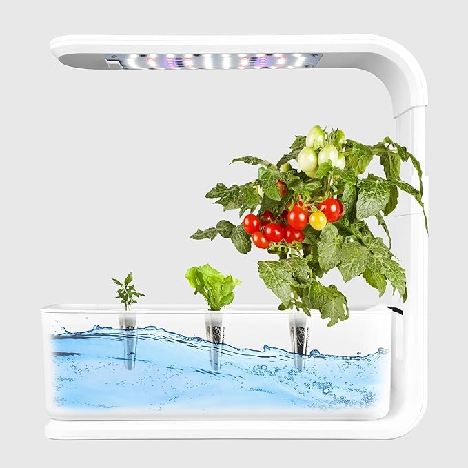 Hydroponics Growing System with LED Grow Light Adjustable Indoor Garden Kit for Herbs/Vegetables Soil-Free Smart Water Alert 3 Plant Capacity Plants Germination Kit for Home Kitchen Office (White)