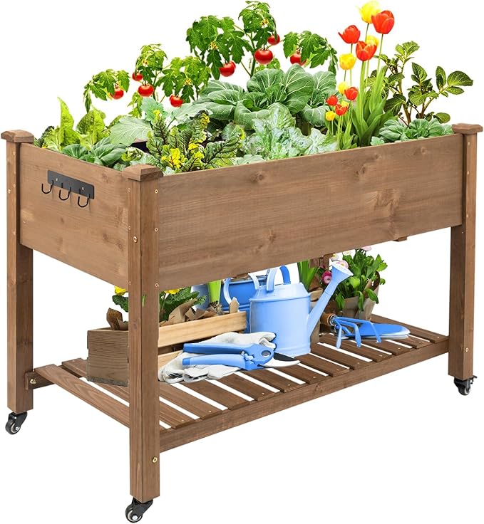 PetsCosset Raised Garden Bed with Wheels Elevated Wooden Planter Box with Bed Liner and Storage Shelf for Vegetables Herbs and Flowers - Brown