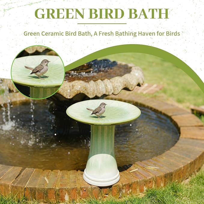 Handmade Green Gradient Glaze Ceramic Bird Bath 16.93 inch Diameter 18.11 inch Height Outdoor Gfor Birds Bathing Feeding Lightweight Weather Resistant
