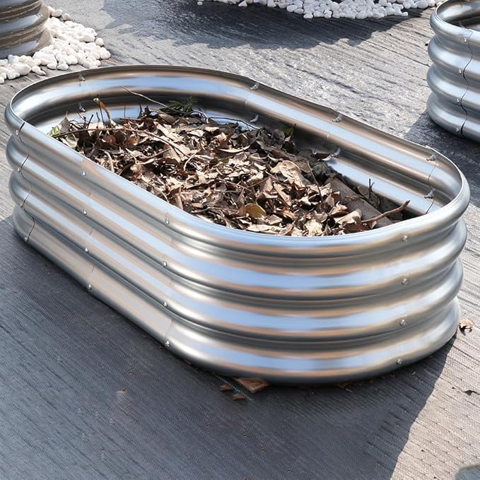1 Pack 4x2x1ft Galvanized Raised Garden Bed Kit Oval Metal Ground Planter Box Outdoor Bottomless Planter Raised Beds for Vegetables Flowers Herbs Fruits Silver