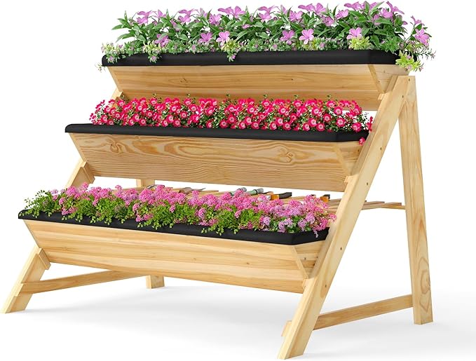 HAPPYGRILL 3-Tier Wooden Raised Garden Bed Elevated Planter Box Kit with Legs &amp Liners for Flower Herb Vegetable Indoor Outdoor Vertical Raised Bed for Gardening Patio Balcony Greenhouse