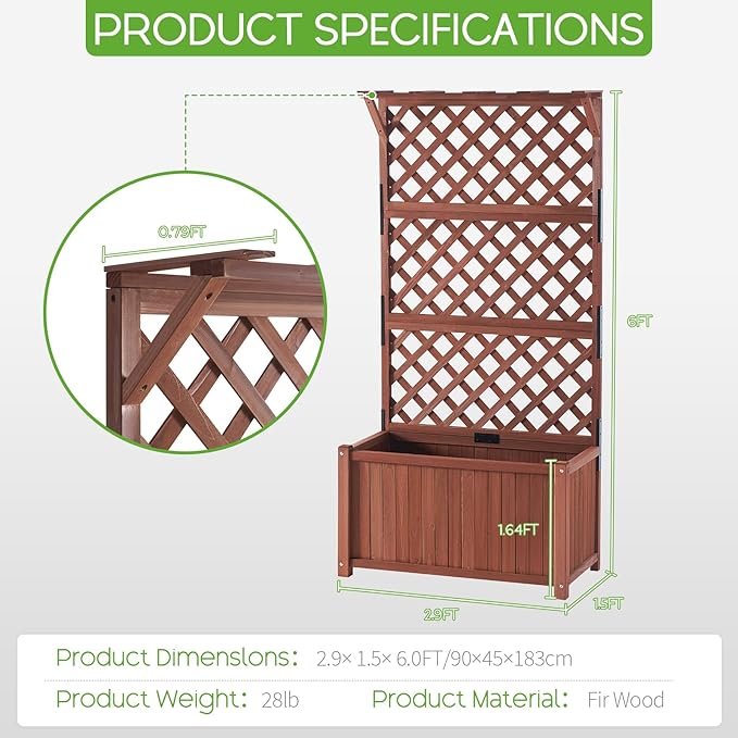 SPECRAFT Wood Planter with Trellis 35.4x17.7x72 Inch Raised Garden Bed 1.6Ft Deep Large Planter Box for Outdoor Gardening Vegetables and Climbing Plants