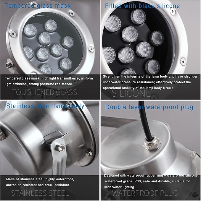 IP68 Waterproof Submersible LED Spotlights for Ponds Fountains and Pools - Low Voltage AC12/24V Outdoor Landscape Lighting