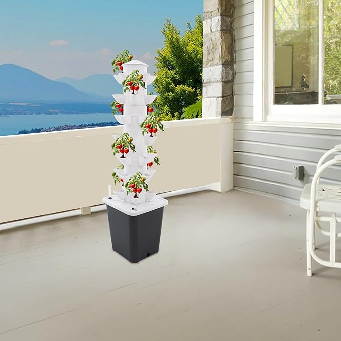 7-Tier Vertical Hydroponic Growing Tower 35 Holes Indoor Gardening System w/Brushless Pump &amp Automatic Water Circulation for Vegetables Herbs Fruits in Home Kitchen Balcony (White+Grey)