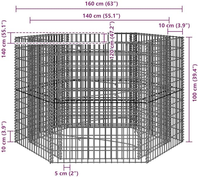 vidaXL Hexagonal Gabion Raised Bed Outdoor Planter Gabion Basket for Gardening Patio Backyard Flower Bed Silver Galvanized Steel