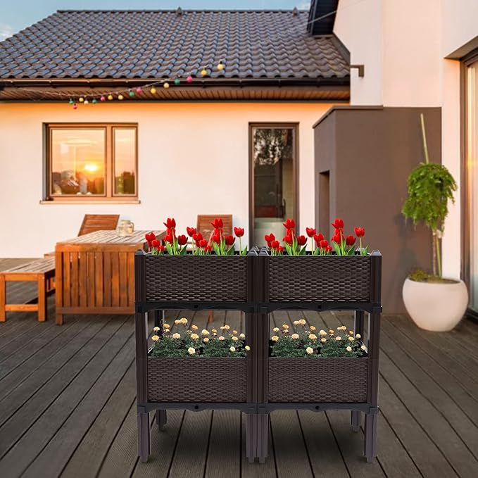 2-Tier Outdoor Raised Garden Bed 47x33.8 Inch Tall Planter Box with 2 Plant Boxes for Vegetable Flower Elevated Reinforced Garden Planters Boxes for Backyard Patio Gardening Balcony (2+2)