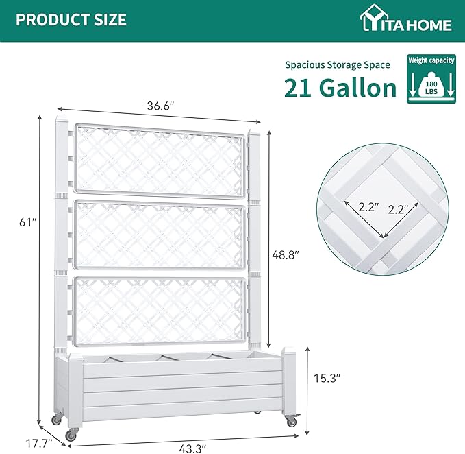YITAHOME 43.3x17.7x61 in Planter Boxes Outdoor with Trellis 2pcs Resin Raised Garden Bed with Wheels &amp Drain Plug for Climbing Plants White