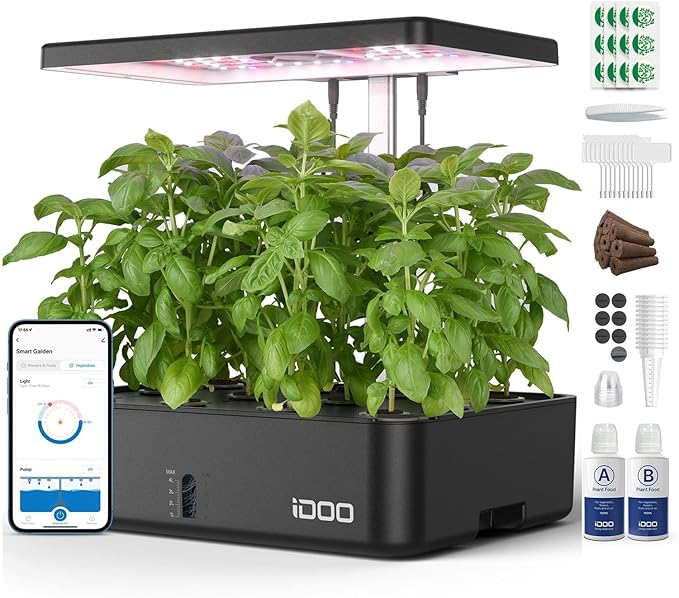 iDOO Hydroponics Growing System Kit 12Pods Christmas Gifts for Women Mom Herb Garden Indoor with LED Grow Light for Home Built-in Fan Auto-Timer Adjustable Height Up to 11.3 12Pods WiFi-Black