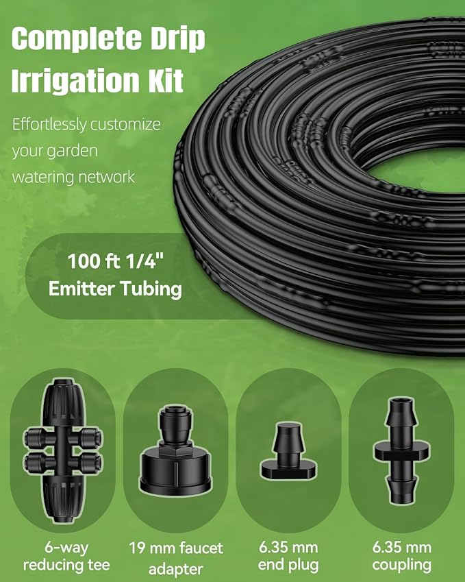 Pawfly 100 ft 1/4 Drip Irrigation Tubing 1/4 Emitter Tubing with 6 Spacing Polyethylene Drip Line with 12 Parts Black Distribution Tubing for Drip Irrigation System Drip Irrigation Hose Roll