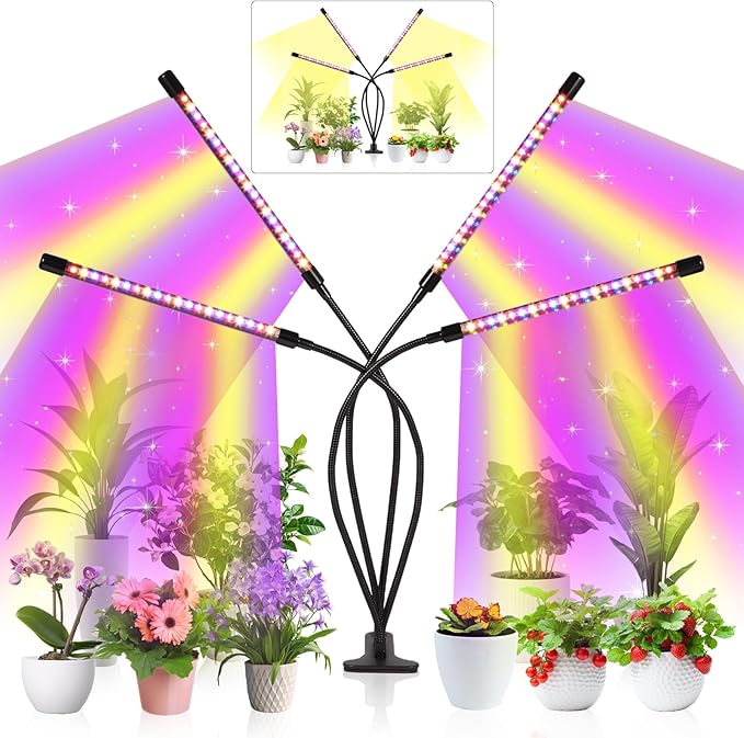 Grow Lights for Indoor Plants80 LED Plant Lights with Full Spectrum &amp Red Blue Spectrum 10 Dimmable Level 3/9/12H Timer3 Switch Modes Adjustable Gooseneck4 Heads Clip-On