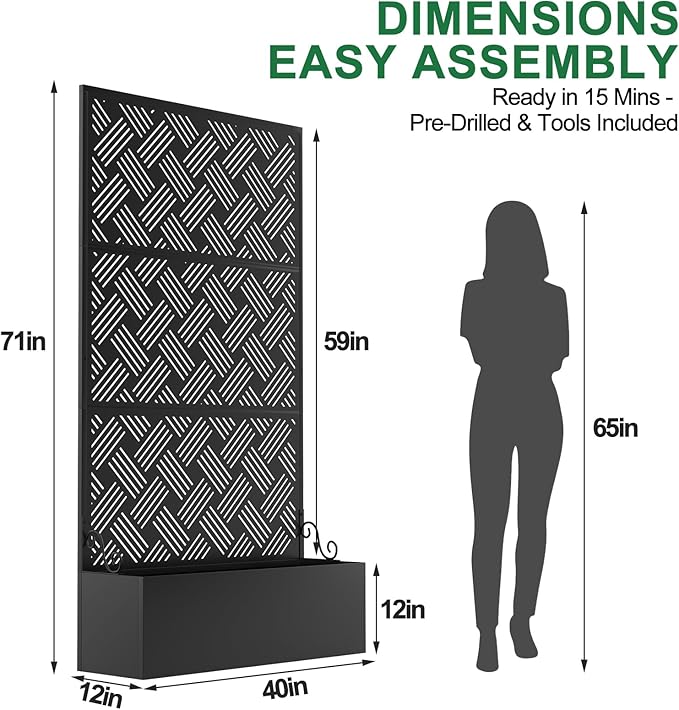 Metal Raised Garden Bed with Trellis Privacy Screen Planter Box for Climbing Plants 40 x 12 x 71 Inches Outdoor Standing Flower Bed with Drainage (Woven)