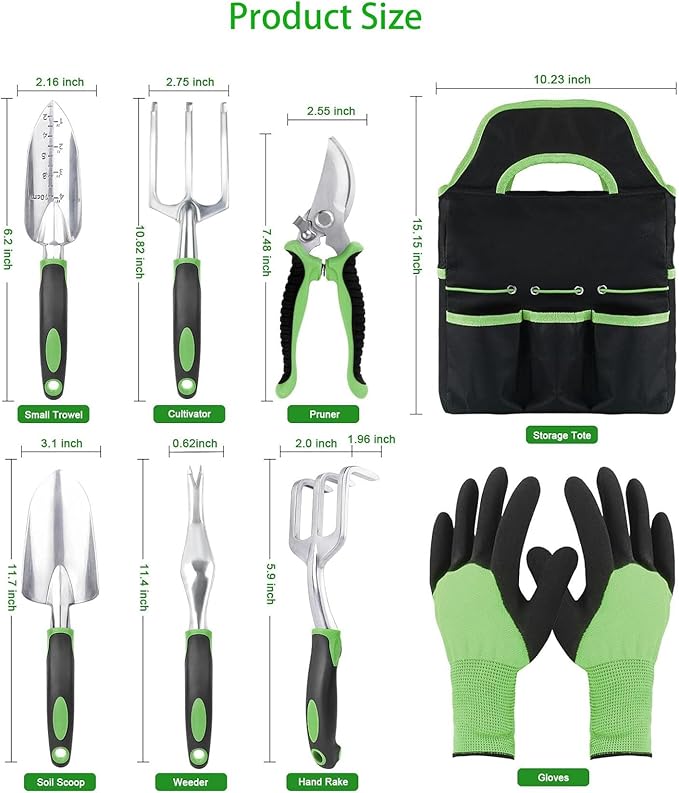 8-Piece Garden Tool Set with Storage Bag Heavy Duty Stainless Steel Gardening Tools Non-Slip Handles Includes Pruner Trowel Cultivator Weeder Gloves Green