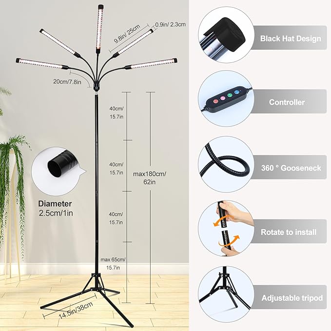 FECiDA 2026 5Head Grow Lights with Upgraded Stand Standing Grow Lights for Indoor Tall Plants Bonsai Tree 4/8/12/16/20 Hr Timer 45 Watt Power Draw NO Need Adapter 24-72 Height Adjustable