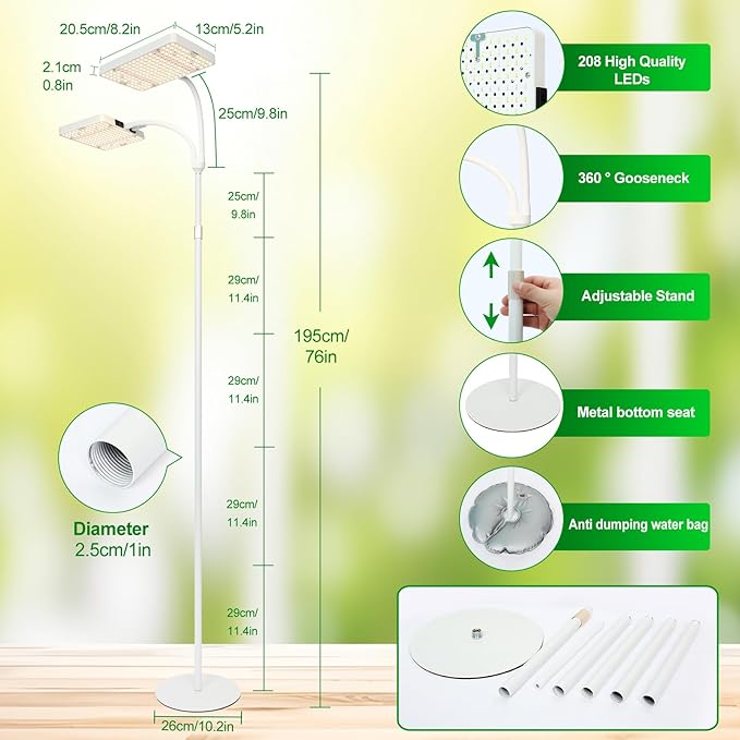 2Head Floor Lamp Grow Light Bright and Big Coverage Grow Light with Stand for Indoor Tall Plants Bonsai Tree 4/8/12/16/20H Timer 50 Watt Power Draw NO Need Adapter 24-76 Height