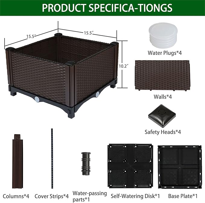 Square Raised Garden Bed Garden Free Splicing Planting Box Outdoor Indoor Planting Container Stylish Rattan Pattern Set of 1 Brown