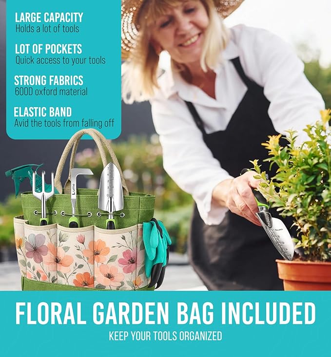 Heavy Duty Garden Tools Floral Set - Rust Proof Non-Slip Durable Gardening Supplies - Ergonomic Hand Tools - Ideal Gardening Gifts for Women Men Mom Dad