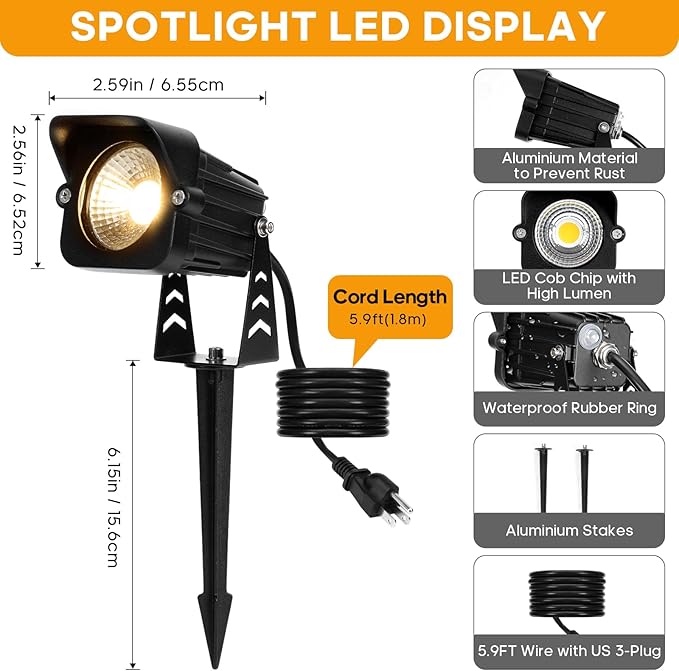 Dusk to Dawn Outdoor Lighting 15W Spot Lights Outdoor with Photocell Sensor 3000K Warm White Landscape Lighting IP65 Waterproof LED Spotlight for Garden Yard Flag Tree 5.91FT Cable US Plug
