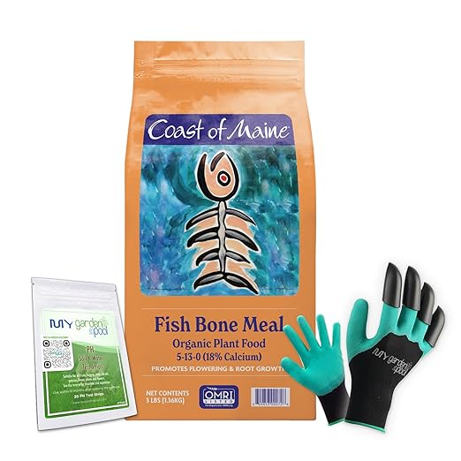Coast of Maine FM6000 Fish Bone Meal Plant Food 3 LB – Organic Phosphorus-Rich Fertilizer for Root &amp Bloom Growth with My Garden Pool Soil Test Strips &amp Claw Gardening Gloves