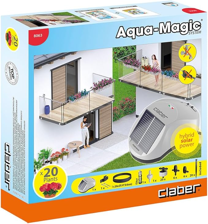 Claber Aqua Magic Solar Drip Irrigation System - Automatic Solar Watering for Up to 20 Outdoor Plants No Faucet Required