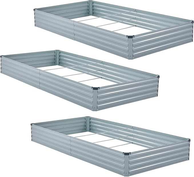 3 Pack 6x3x1FT Galvanized Raised Garden Bed Kit Outdoor Metal Planter Box for Vegetables Bottomless Rectangular Gardening Bed with Support Rods Tool-Free Assembly Gray