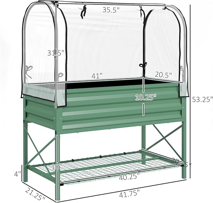 Outsunny Raised Garden Bed with Cover and Storage Shelf Rectangular Metal Elevated Planter Box with Legs and Bed Liner for Vegetables Flowers Herbs Green