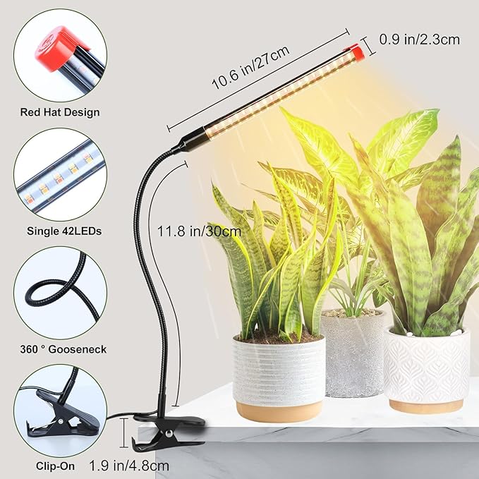 4Pack 2-in-1 Small Clip Grow Lights for Indoor Plants Bonsai Succulent Cactus 4/8/12/16/20H Timer 9 Watt Power Draw NO Need Adapter Enough Bright Best Gift for Plants Lover