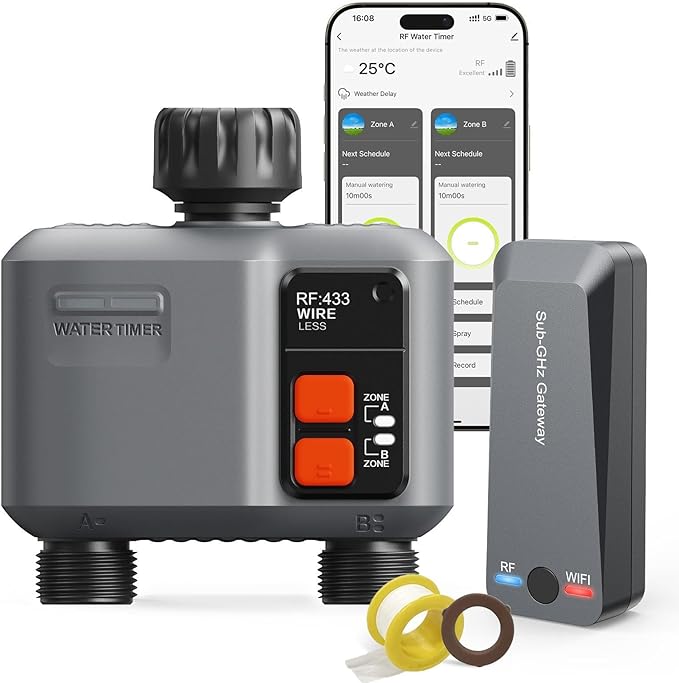 WiFi Sprinkler Timer 2 Zone with 984 Feet RF Gateway 2 Outlet Smart Water Timer for Garden Hose with Rain Delay/Manual/AutomaticWiFi Water Hose Timers for Garden &amp Lawns