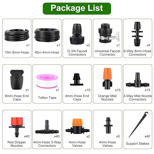 164FT Drip Irrigation System Kit Automatic Garden Watering Misting System DIY Automatic Irrigation System for Garden Greenhouse Flower Bed with 8mm/4mm Tubing Hose and Accessories