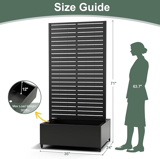 Metal Trellis Planter Box with Wheels Standing Privacy Planters for Patio Garden Boxes with Trellis for Climbing Plants (35 L×24 W×71 H Black)