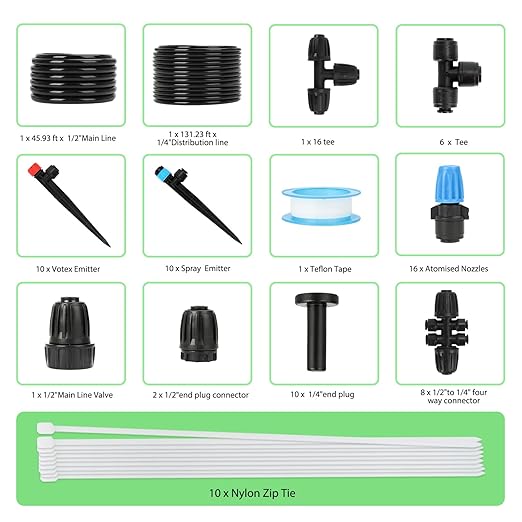 177FT Drip Irrigation Kit – 2026 New Quick-Connect Micro Irrigation System with 46FT 1/2'' Tubing Locking Nozzle Emitters Adjustable Misting Sprayers for Gardens Lawns Raised Beds and Greenhouses