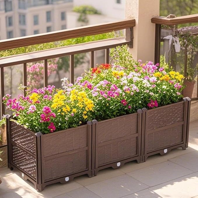 Rectangular Raised Garden Bed Kit Indoor Outdoor Plastic Planter Grow Box for Fresh Vegetables Herbs Flowers Succulents Brown