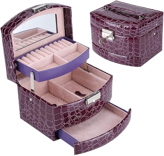 3 Layer Jewelry Storage Box Organizer for Rings Necklaces and More(4.72x5.12x5.91-Purple)