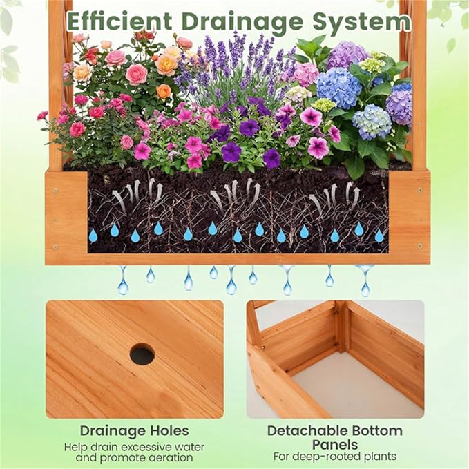 Fir Wooden Raised Garden Bed with Trellis &amp Flat Roof Planter Box for Climbing Plants Outdoor Planting Stand Roof Climbing Plant Support Raised Beds Backyard Planter Wooden Garden Planter - Ora