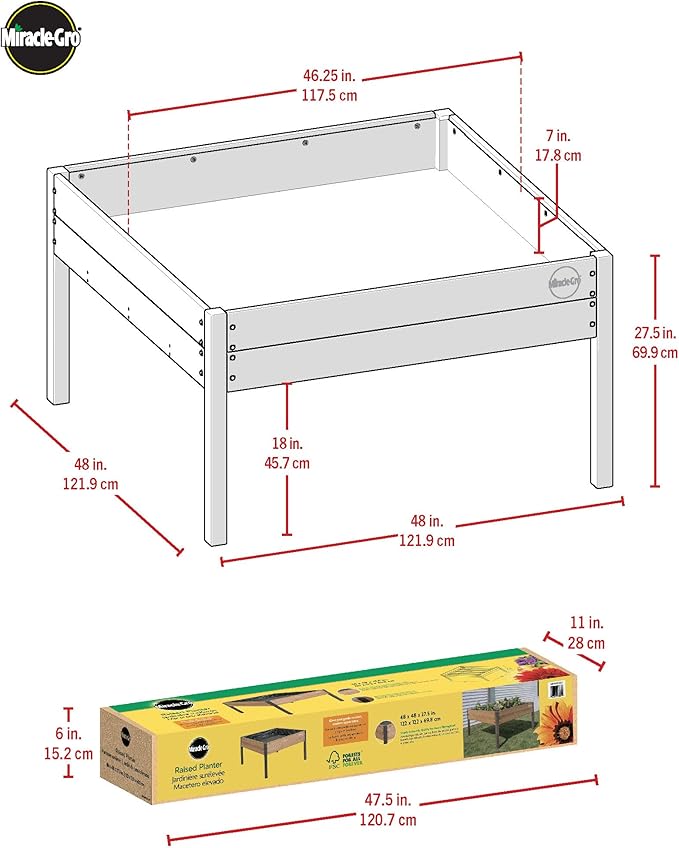 Miracle-GRO 4 x 4 Ft. Wooden Raised Garden Planter 12.8 Cu. Ft. Above Ground Garden with Powder-Coated Metal Brackets for Decks and Yards