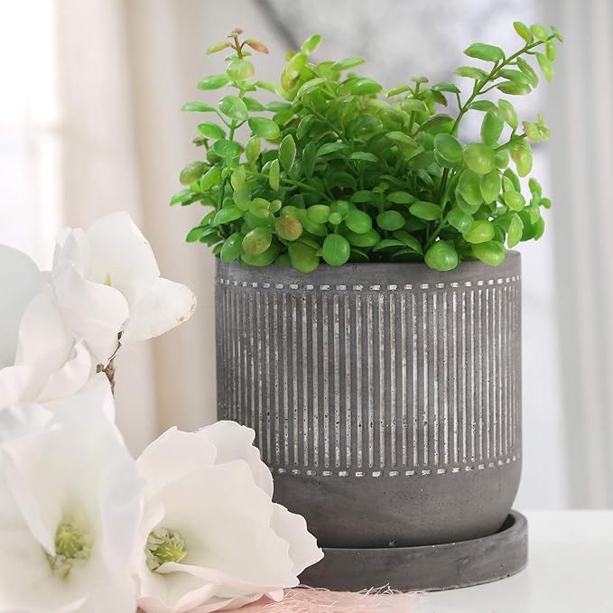 6 LINE Pattern Planter W Saucer Gray
