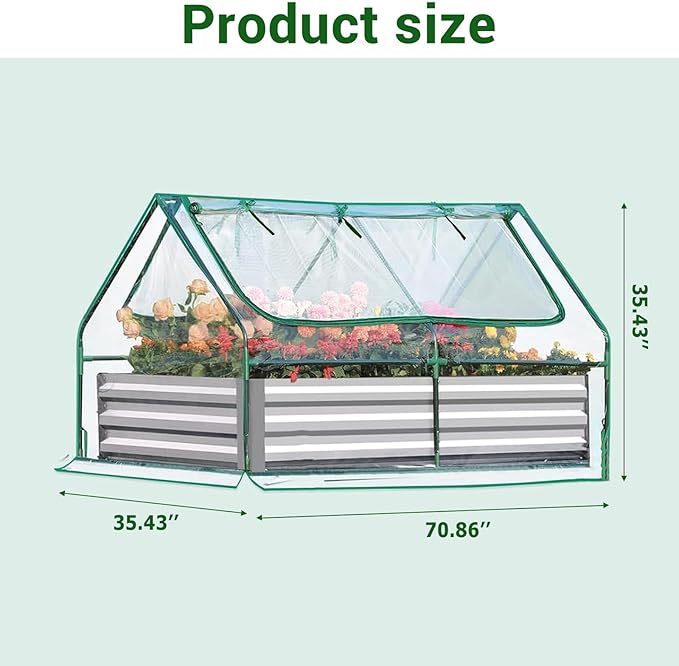 Raised Garden Bed 6x3x3Ft with Greenhouse Cover 2-Tier Roll-Up Windows Outdoor Galvanized Steel Planter Box Kit All-Season Metal Grow Bed for Vegetables &amp Flowers