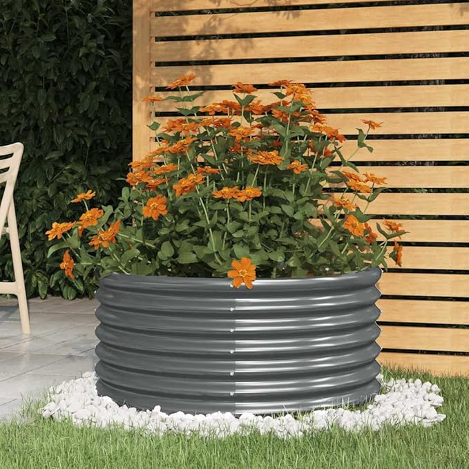 Round Garden Planter Anthracite Powder-Coated Steel 31.5 Inch Diameter Durable Outdoor Plant Container for Balcony Large Capacity Raised Garden Bed