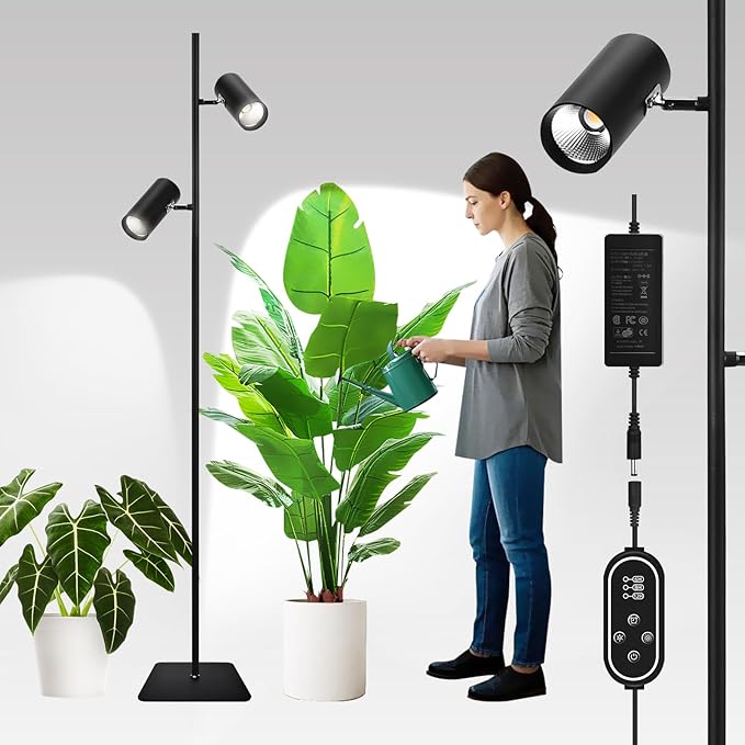 60W Dimmable Grow Light Full Spectrum COB LED Dual-Head Floor Lamp with High CRI 6/8/12H Timer Adjustable Height (37-77) &amp Angle – Standing Grow Lights for Indoor Plants (Daylight 6000K)