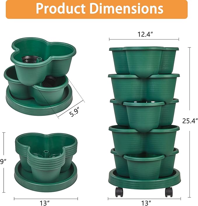 VECELO 5 Tier Vertical Garden Planter Self Watering Stackable Planters with Wheels for Strawberries Herbs Flowers Vegetables Dark Green