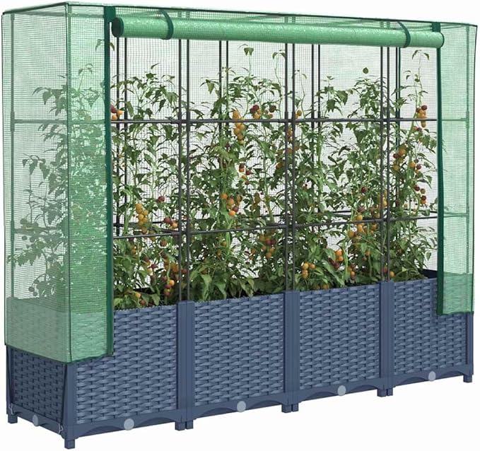 Raised Garden Bed Blue Grey Polypropylene 63x15.7x54.3 Inch Planter Box Imitation Rattan Texture Outdoor Indoor Gardening Elevated Planters for Vegetables Herbs Flowers