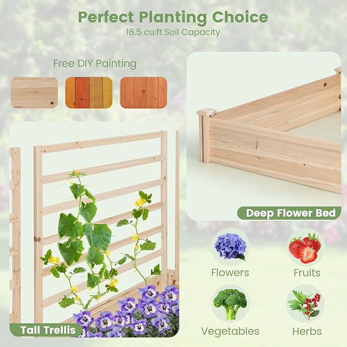 COSTWAY Raised Garden Bed with 2 Planter Boxes &amp 3 Trellises Outdoor Wooden Planter Kit for Flowers Herbs Vegetables Fruits &amp Climbing Vines Elevated Garden Planter for Patio 88L x 45W