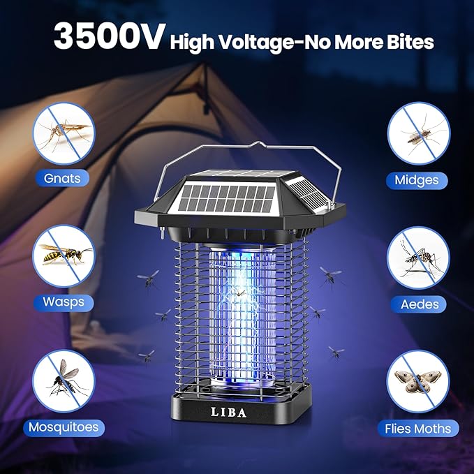 LiBa Solar Bug Zapper Outdoor 2 in 1 Mosquito Zapper Cordless &amp Rechargeable Solar Insect Killer Lamp 3500V Mosquito Catcher Decor Light for Patio Garden Backyard