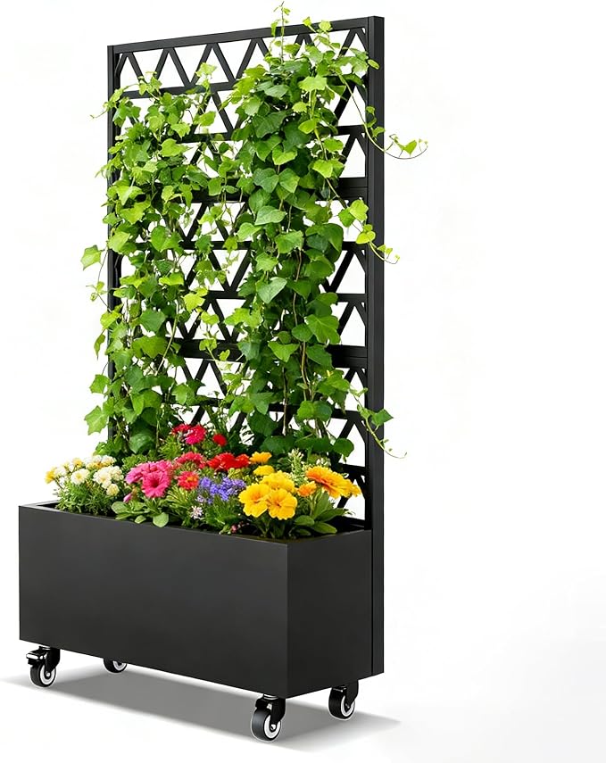 Sturdy 47 Metal Planter Box with Trellis on Wheels Galvanized Steel Raised Garden Bed Privacy Screen 71 Tall Mobile Vertical Garden Planter for Patio Outdoor Climbing Plant Support Black