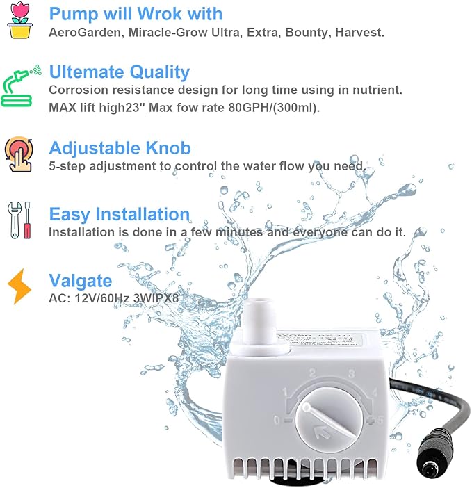 200623 Aero-Garden Pump with 20 Filters Ultra Quiet Pump Fit for Harvest Elite Bounty Farm Extra Ultra Hydroponics System